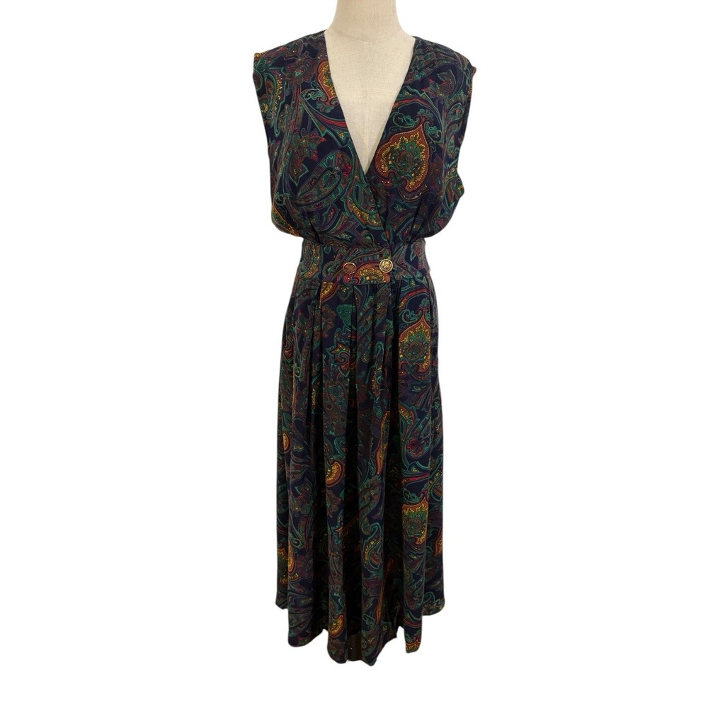Vtg 80s OS International Paisley Midi Dress Sz 5/6 Boho Jewel Tone Gold‎ Button